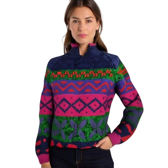 Michelle Stuart Studio Sweaters - Michelle Stuart Studio Hand Knit Mock Neck Blue Green Pink Red Purple Sweater S